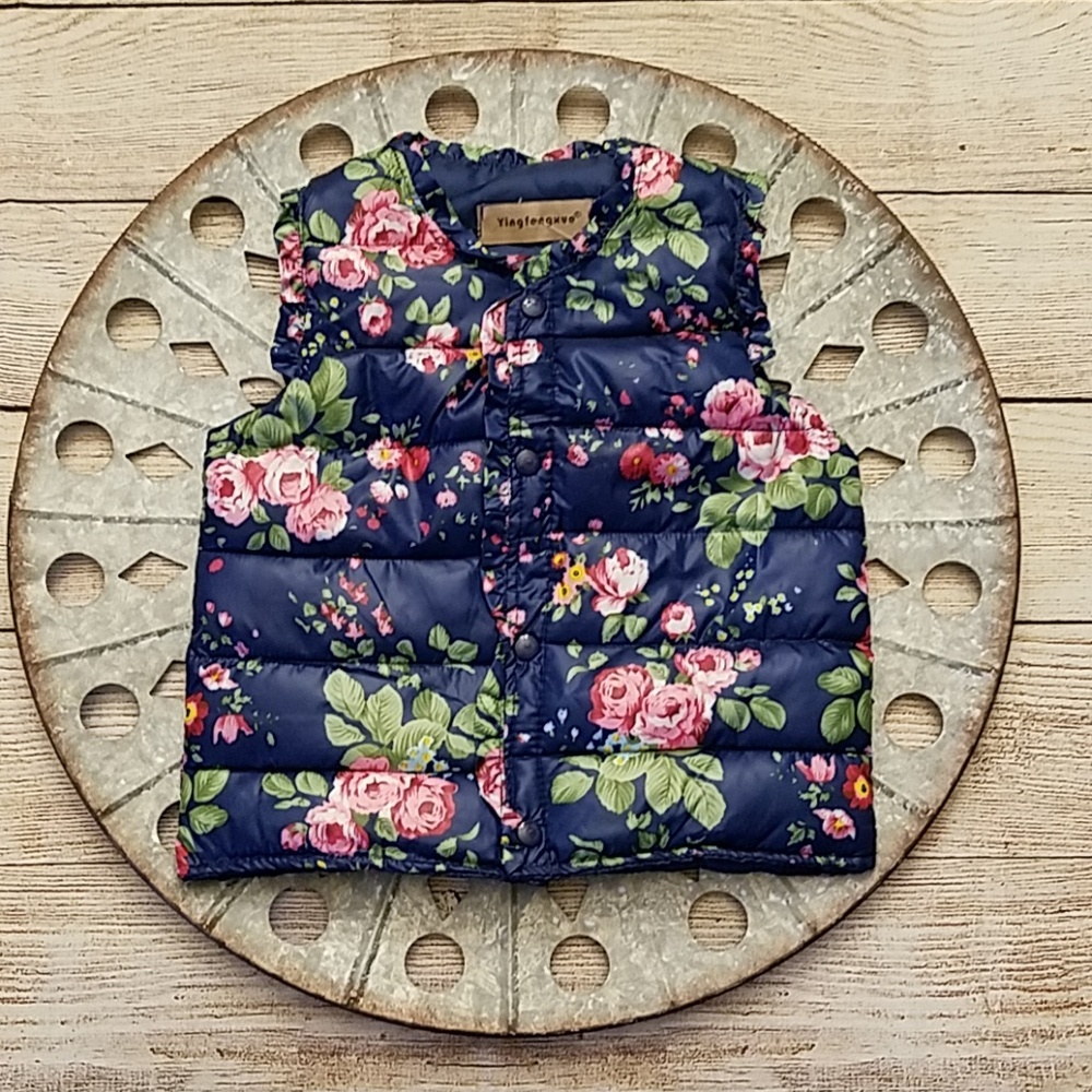 New Girls Navy Ruffled Autumn Winter Puffer Vest - Picture 3 of 8